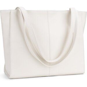⚡Women‎ Beige White Genuine Leather Work Shoulder Laptop Compartment Handbag